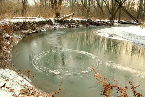 Rotating discs on frozen rivers